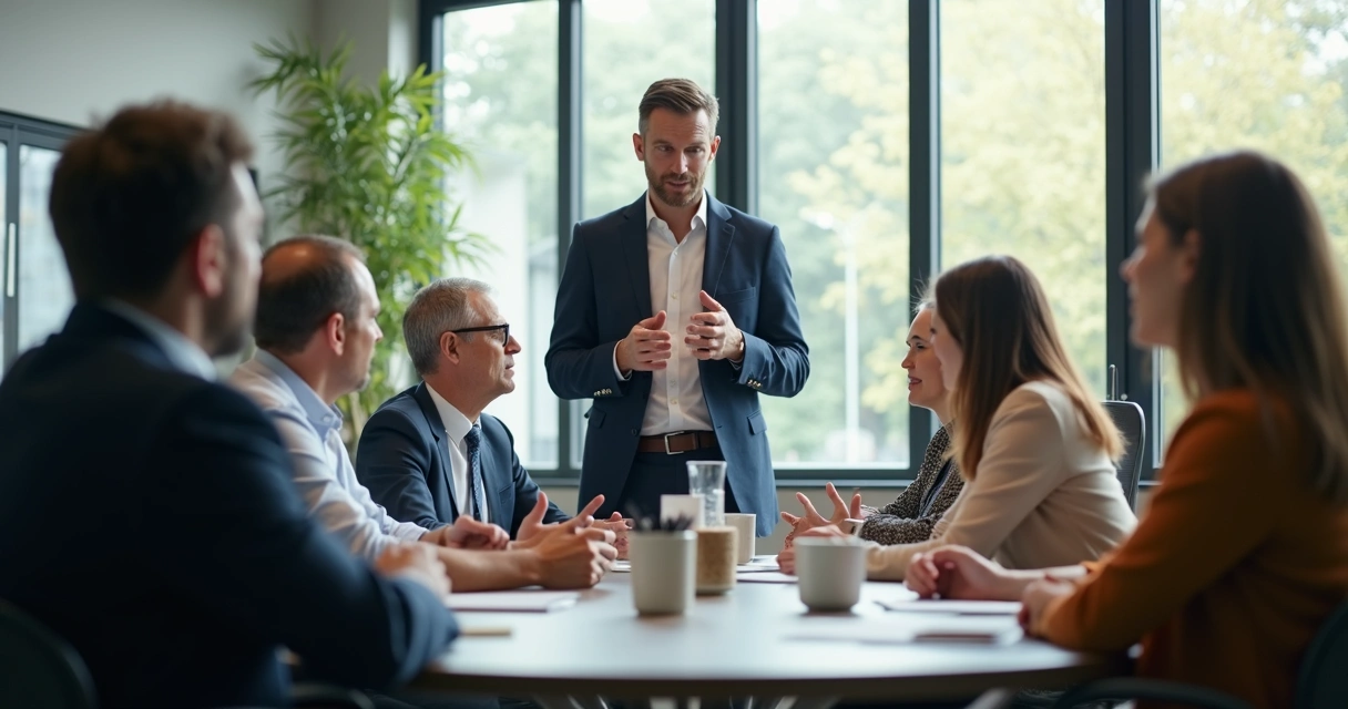 Líder falando com equipe em um escritório moderno, todos atentos 