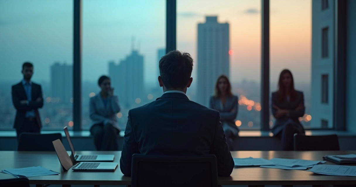 Líder sentado em sala de reunião escura com silhueta dividida entre calma e tensão 
