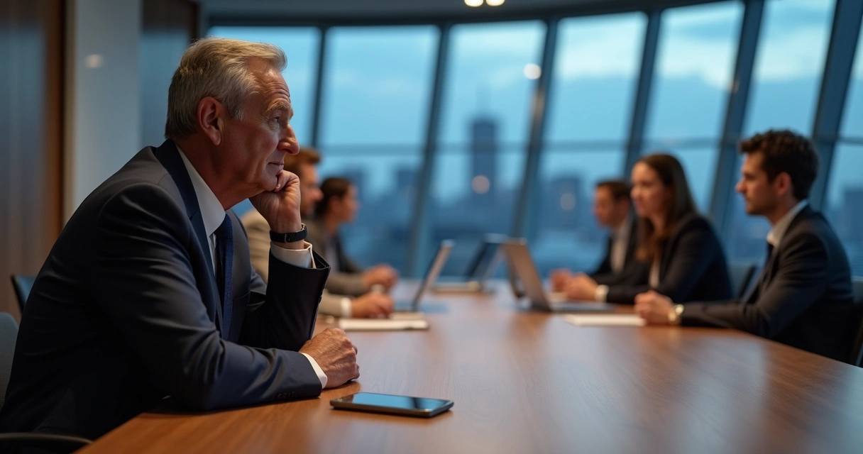 Líder pensativo observando equipe em reunião silenciosa 
