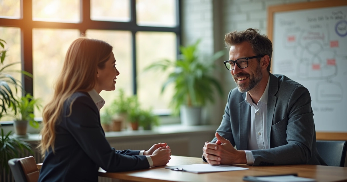 Gestor conversando com colaborador em sala iluminada com janelas e plantas 