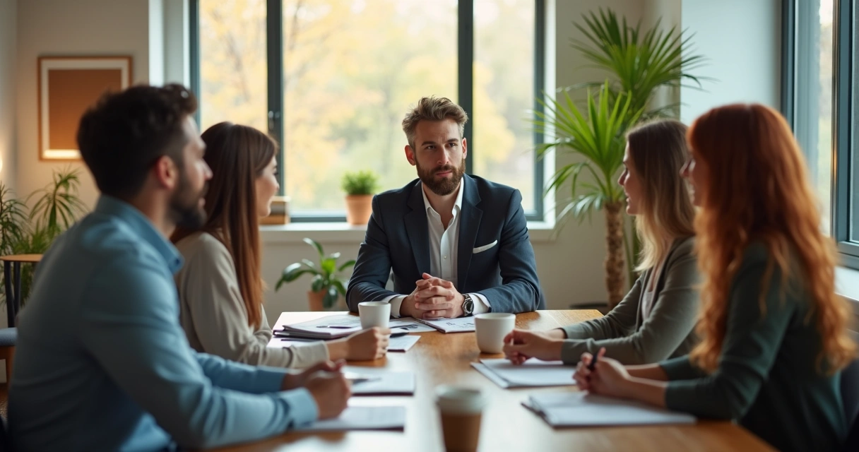 Líder conversando com funcionários, promovendo diálogo e empatia.