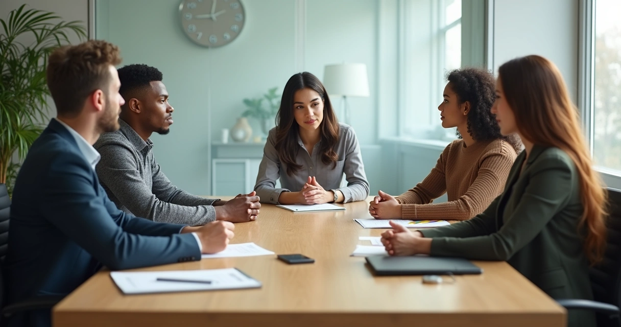 Gestor reunido com equipe em ambiente corporativo, postura acolhedora e ouvindo colaboradores 