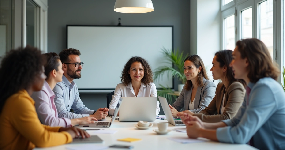 Reunião de equipe diversa com líder ouvindo atenciosamente