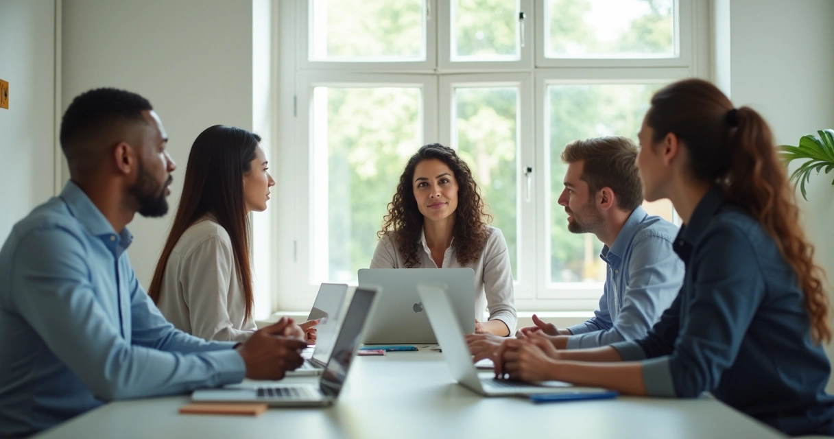 Líder escutando equipe em reunião informal 