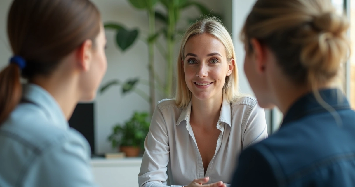Gestora ouvindo membros da equipe com expressão empática