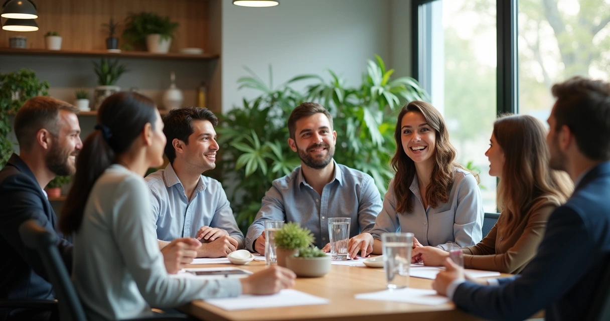 Líder escutando equipe em reunião de trabalho, ambiente acolhedor 
