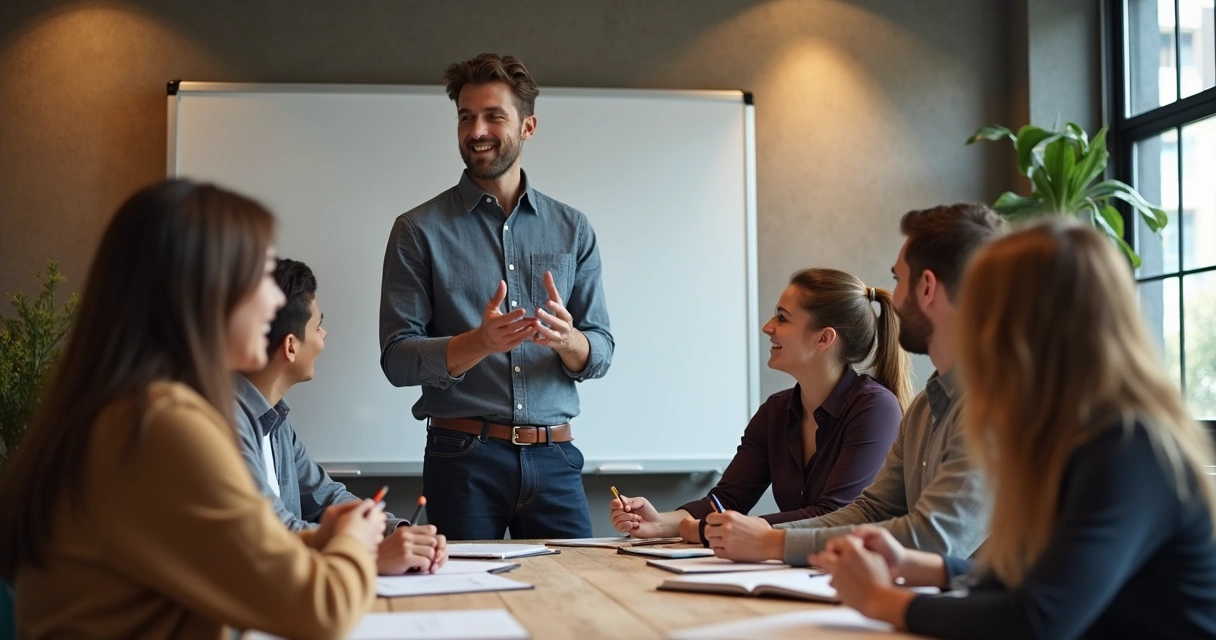 Líder orientando pessoas de idades variadas em ambiente de trabalho colaborativo