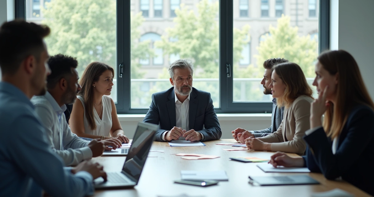 Grupo de pessoas em reunião, líder escutando atentamente um colega, expressões sérias 