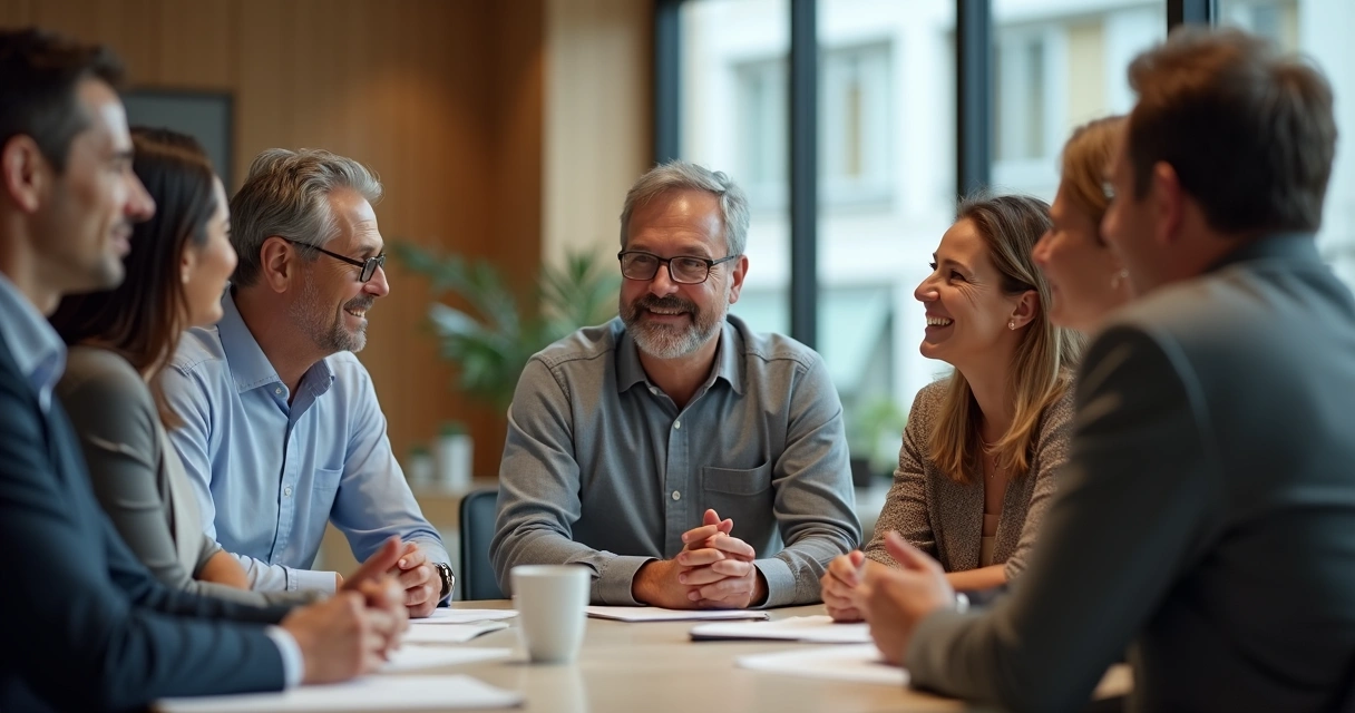 Líder conversando com equipe com empatia, expressões calmas