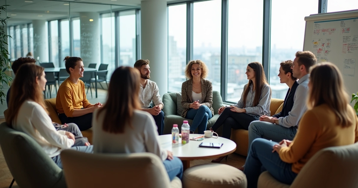 Líder facilitando conversa em roda com equipe diversa em escritório moderno 