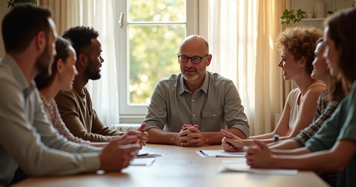 Líder e equipe em reunião em sala, ambiente acolhedor