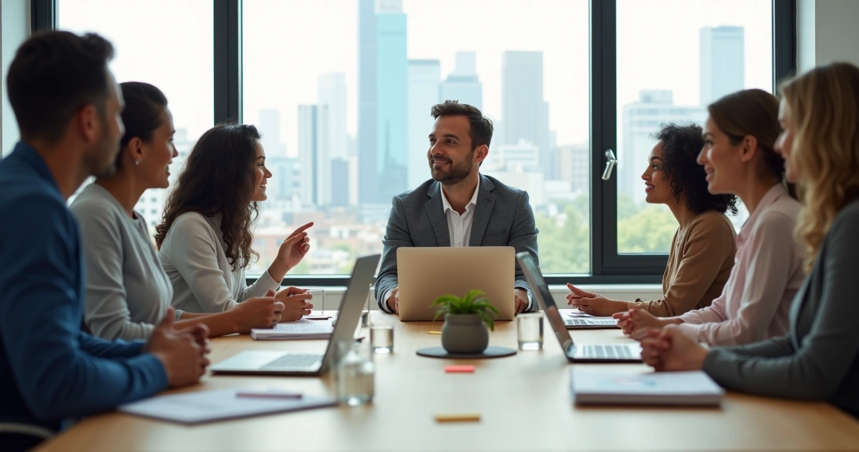 Líder ouvindo equipe em reunião descontraída em escritório moderno 
