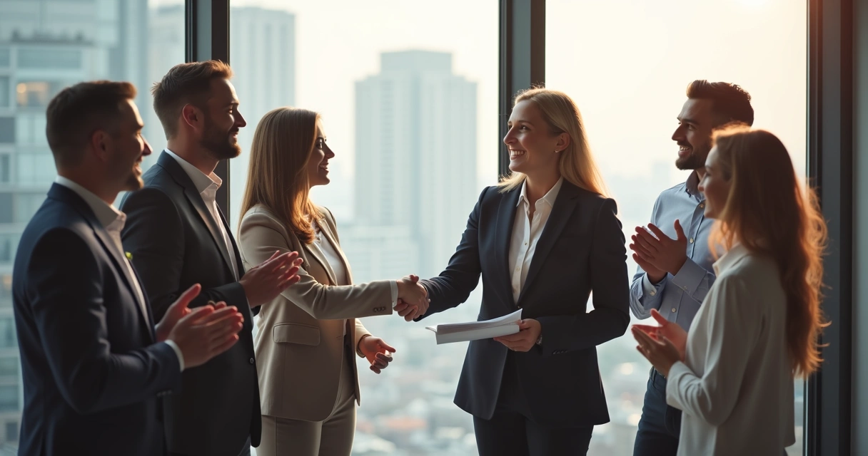 Gestor cumprimentando colaborador no escritório 