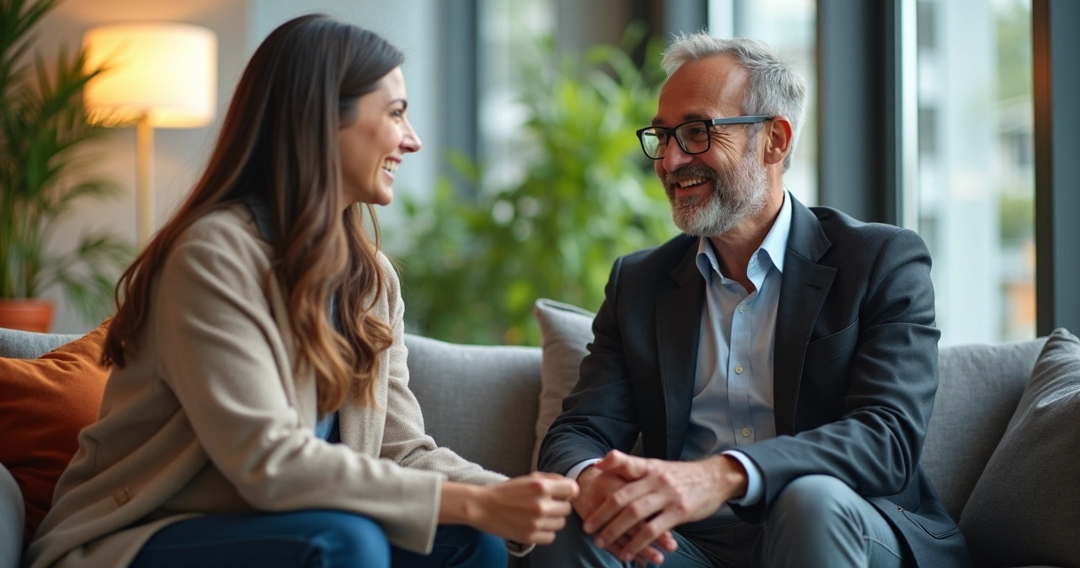 Gestor conversa de forma aberta e sorridente com colaborador em espaço de escritório.