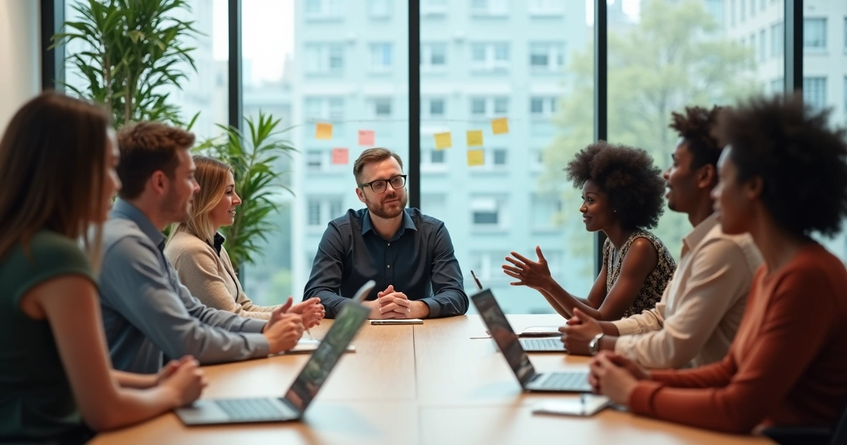 Líder escutando equipe em reunião colaborativa 