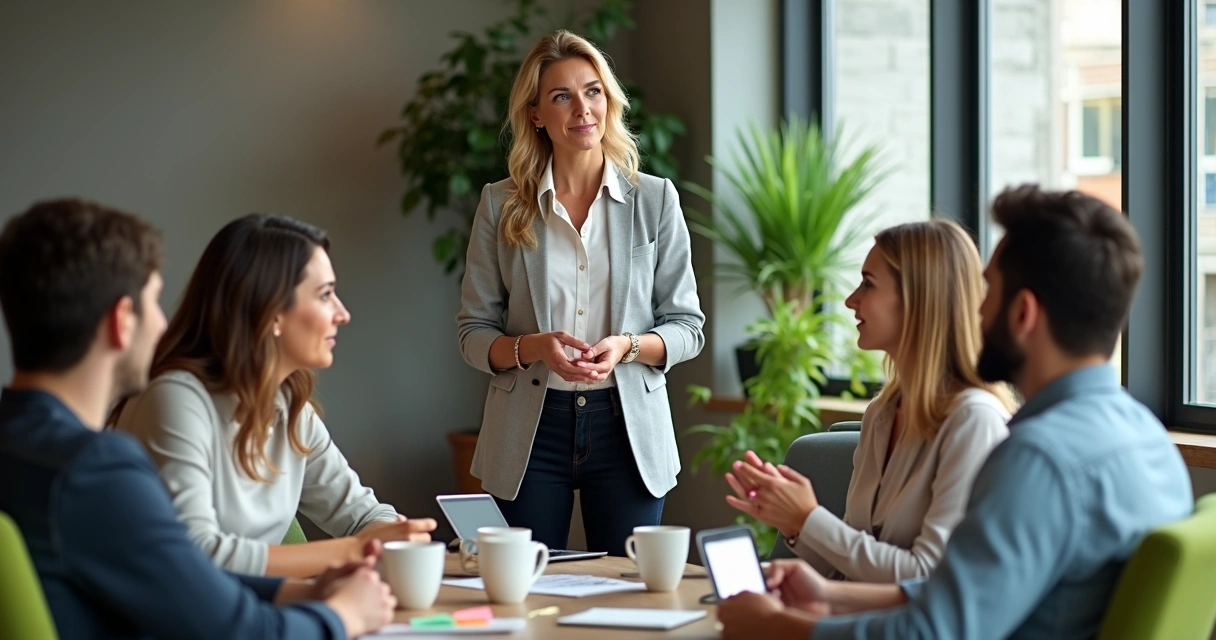Gestor escutando atentamente sua equipe durante reunião espontânea 