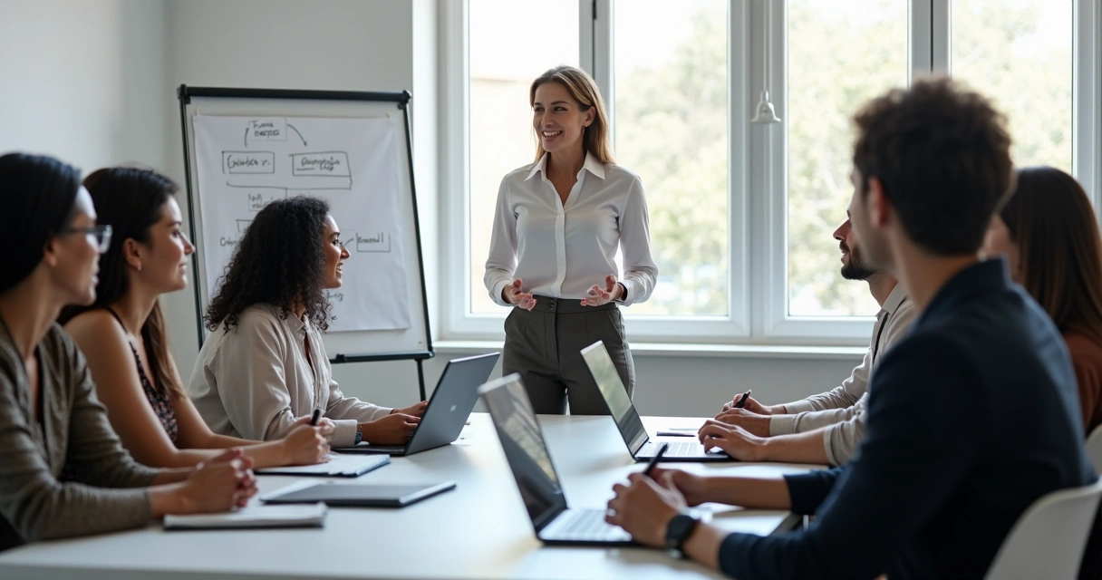 Líder conversando de forma empática com equipe reunida em torno de uma mesa 