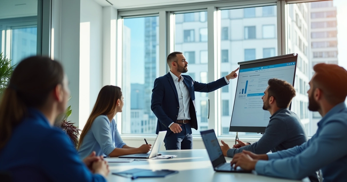 Líder de equipe orientando colaboradores em sala de reunião 