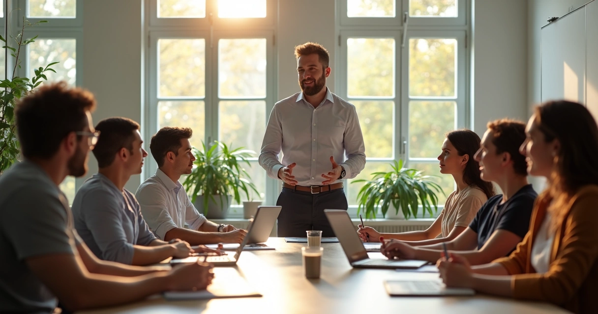 Líder guiando equipe com confiança em sala de reunião iluminada 
