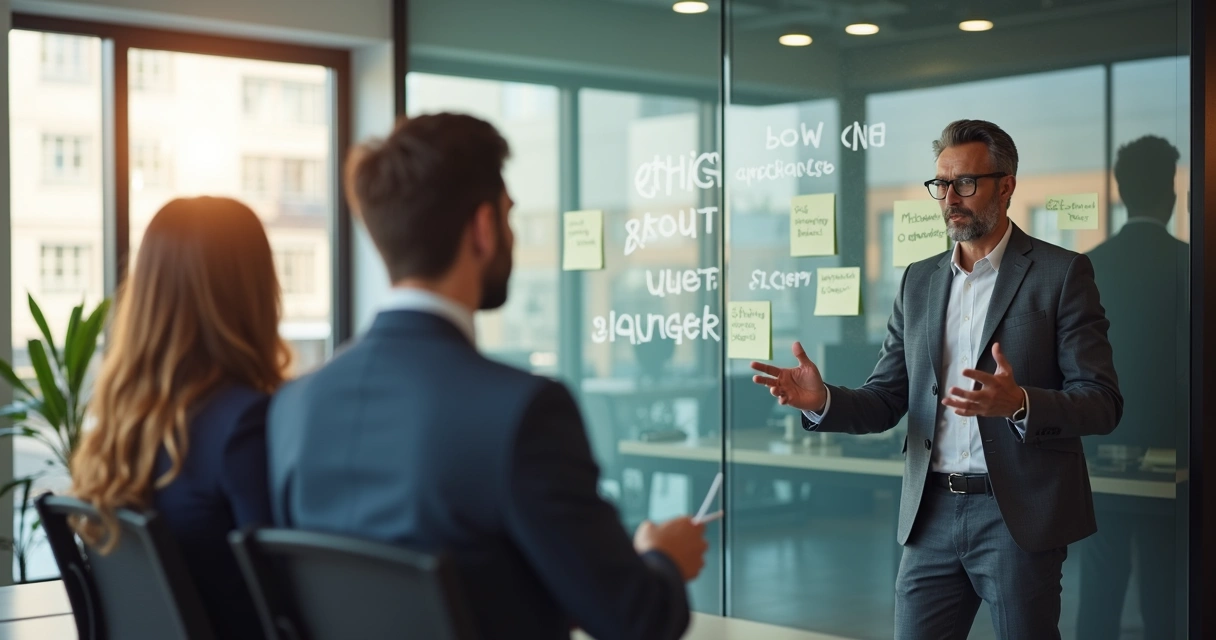 Líder mostrando direções éticas em ambiente corporativo 