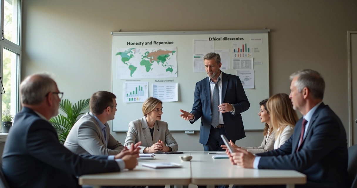 Equipe empresarial reunida analisando dilemas éticos em sala de reuniões 