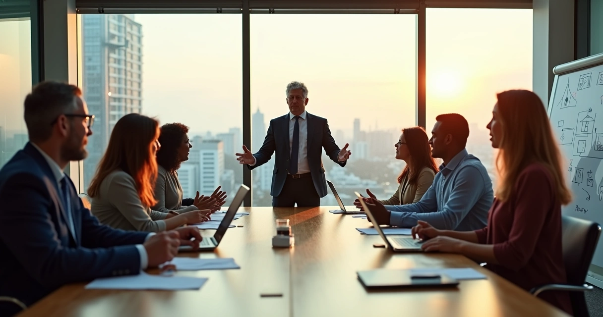 Reunião de negócios com líder destacando valores humanos em decisão ética 