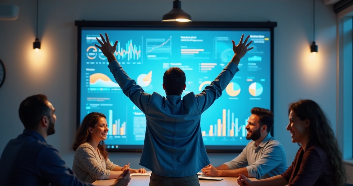 Líder de empresa celebrando sucesso tecnológico com a equipe 