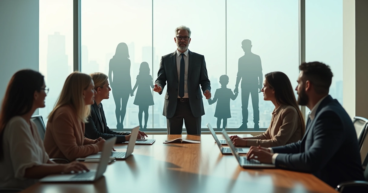 Líder empresarial diante de equipe com sombras representando família ao fundo 