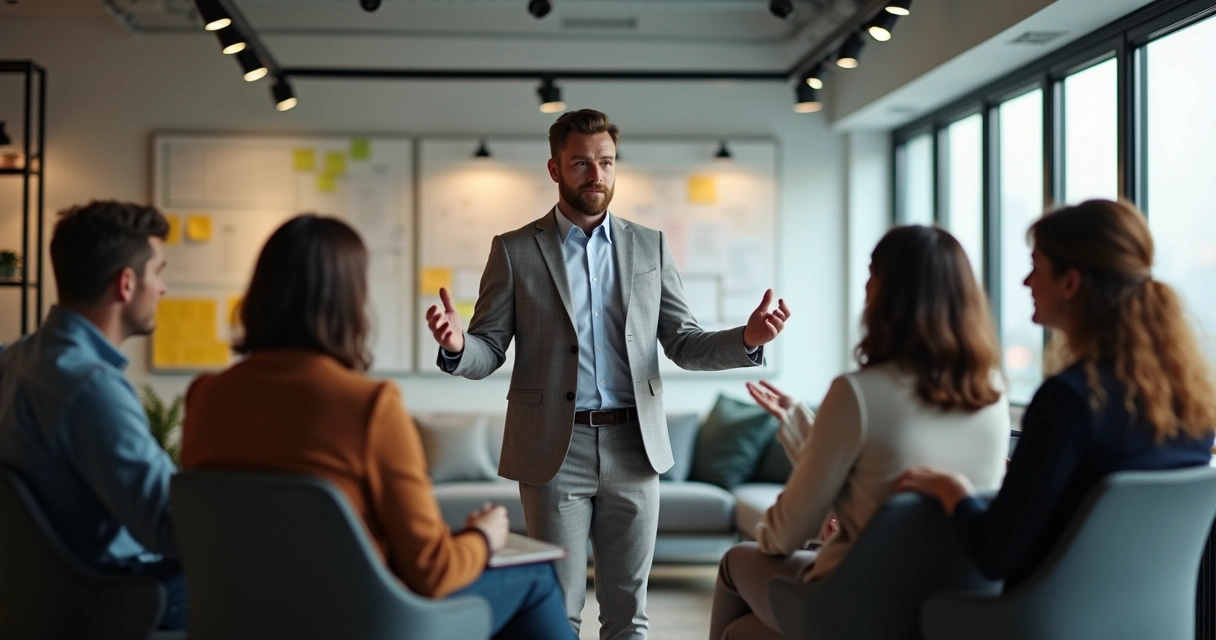Líder reunido com equipe em círculo, todos atentos e participativos 