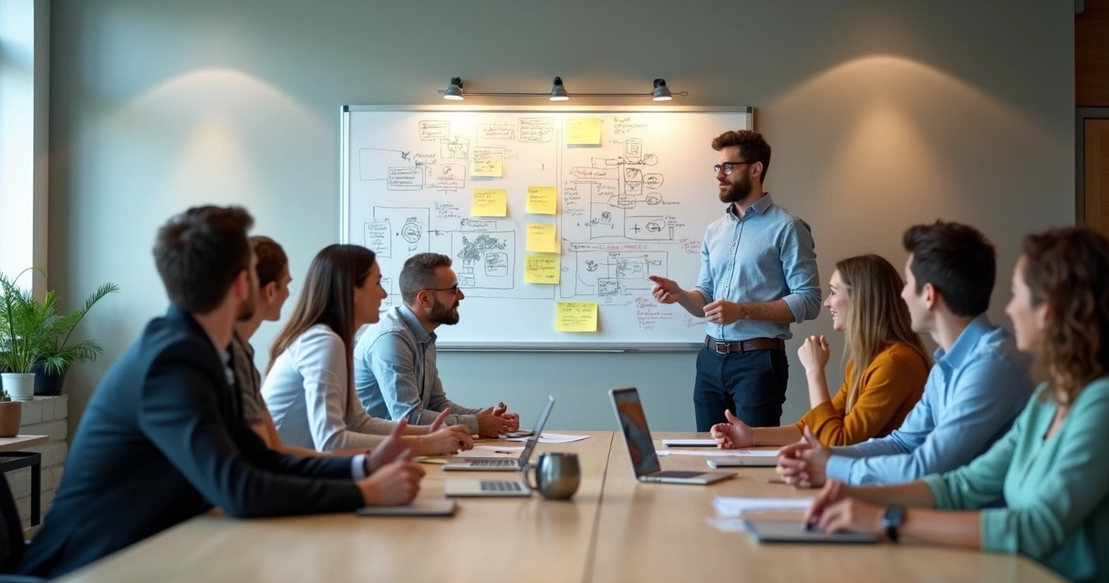 Líder e equipe trabalhando juntos em um quadro branco com expressões positivas 