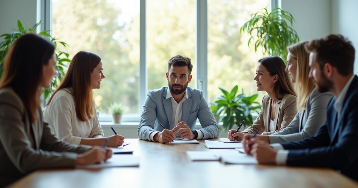 Grupo de líderes em reunião demonstrando maturidade emocional 