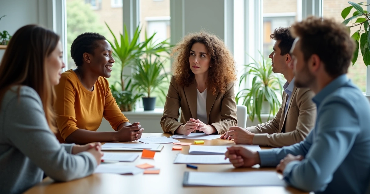 Grupo em reunião de liderança conscientes aplicando técnicas de escuta ativa 