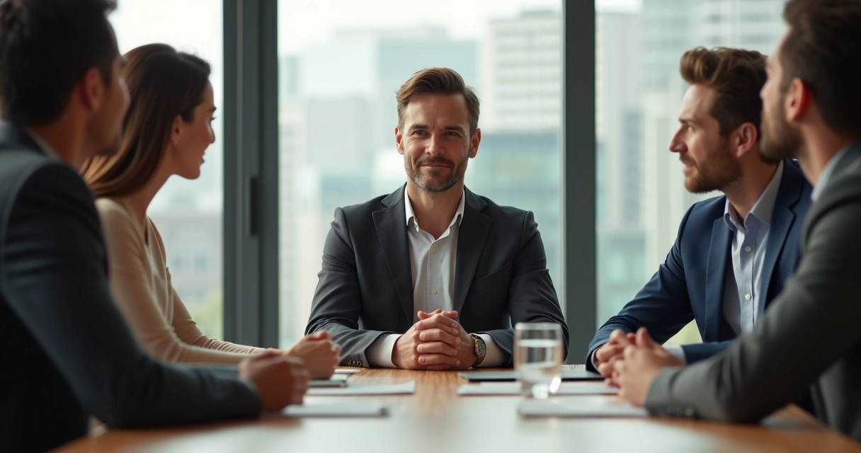 Pessoa em sala de reunião olhando calmamente para colegas sentados à mesa