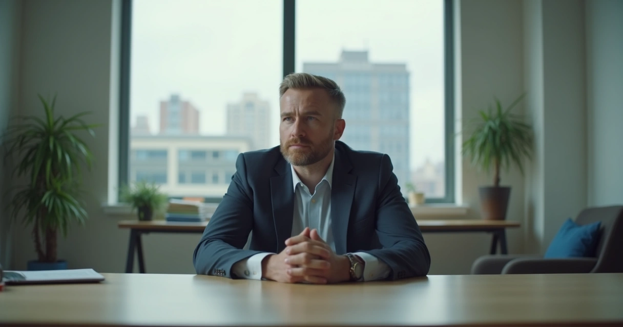 Líder refletindo em uma sala silenciosa com fundo desfocado 