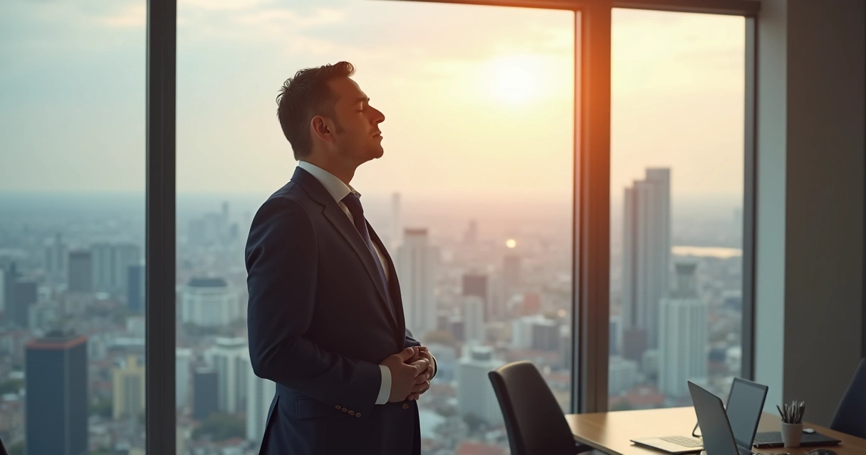 Líder praticando respiração consciente em ambiente corporativo 