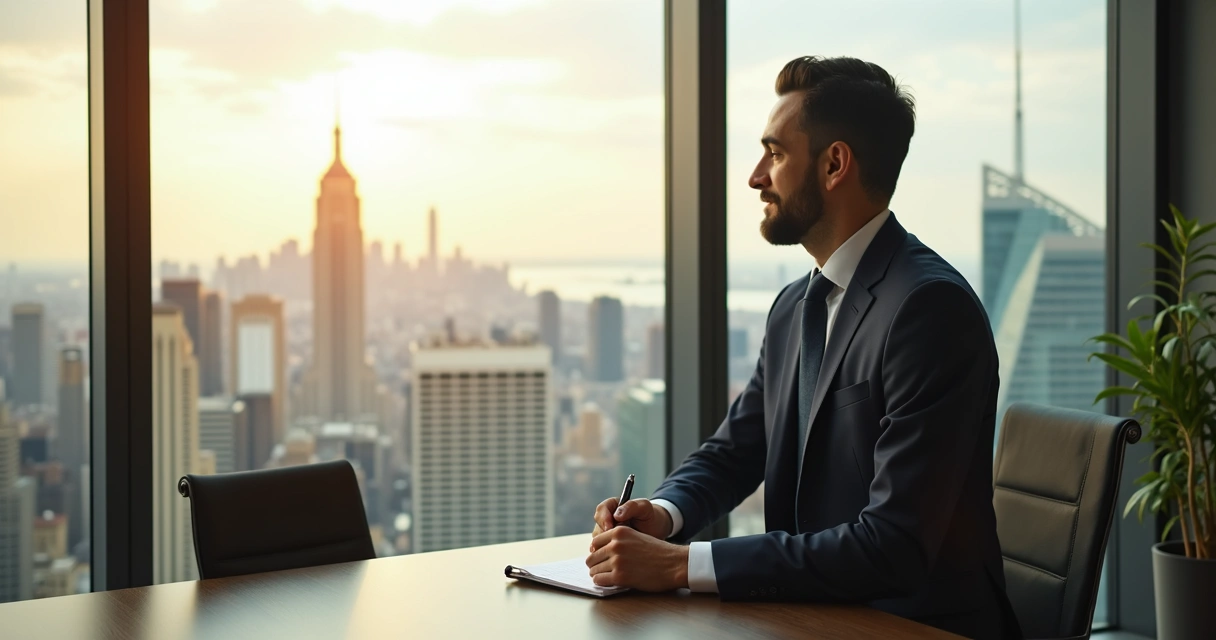 Pessoa em traje social refletindo diante de janela de escritório 