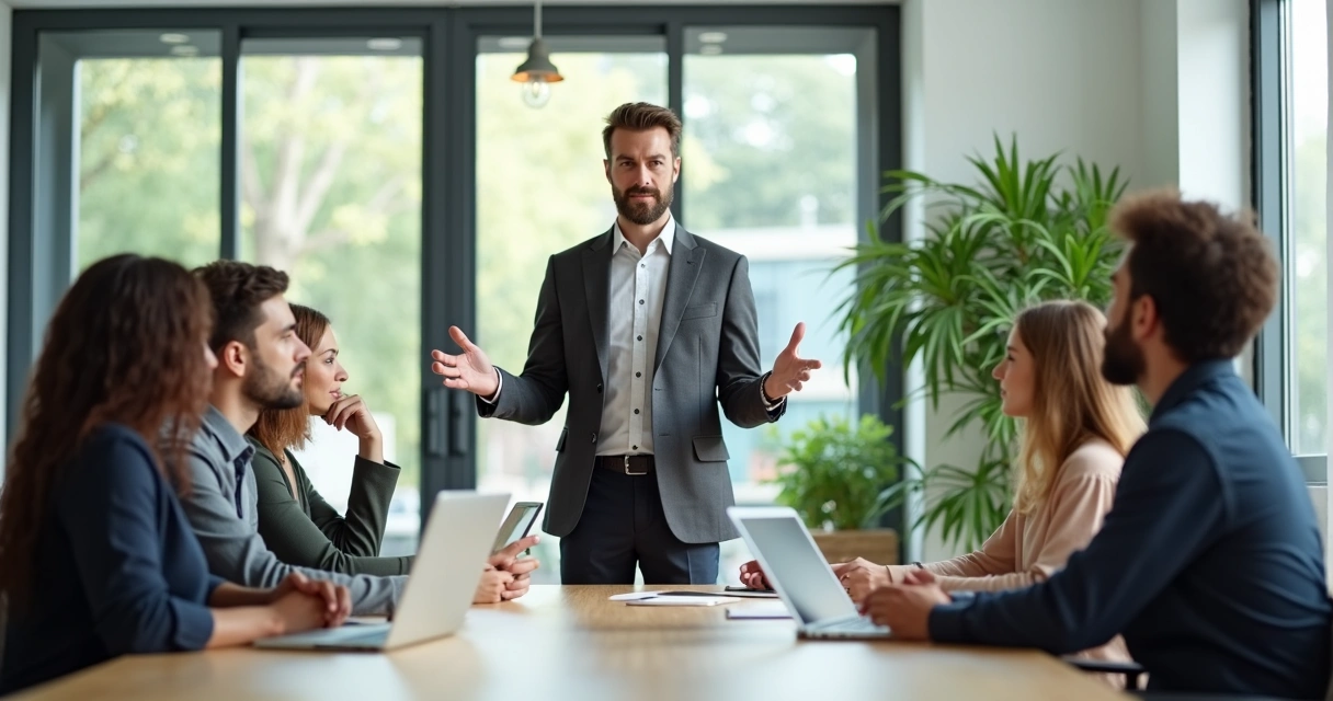 Líder diante de equipe mista com expressões neutras 