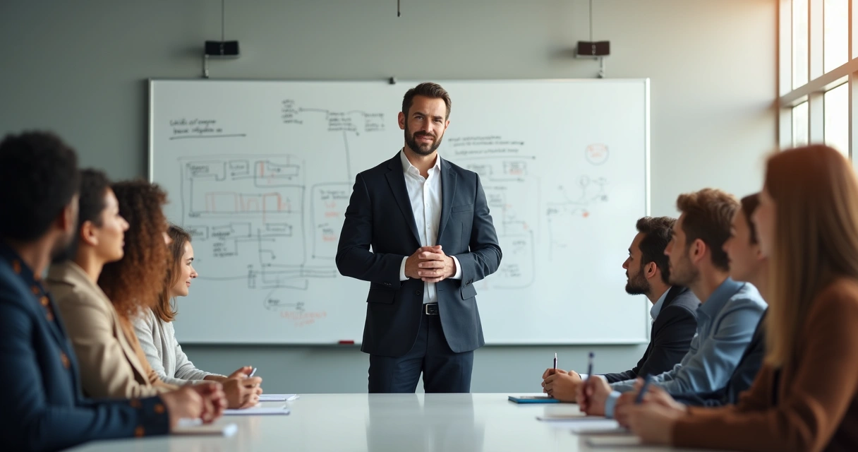 Líder coordenando reunião, expressão tranquila, equipe diversificada atenta 