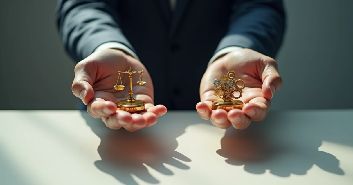 Símbolos de ética e técnica em equilíbrio nas mãos de uma liderança 