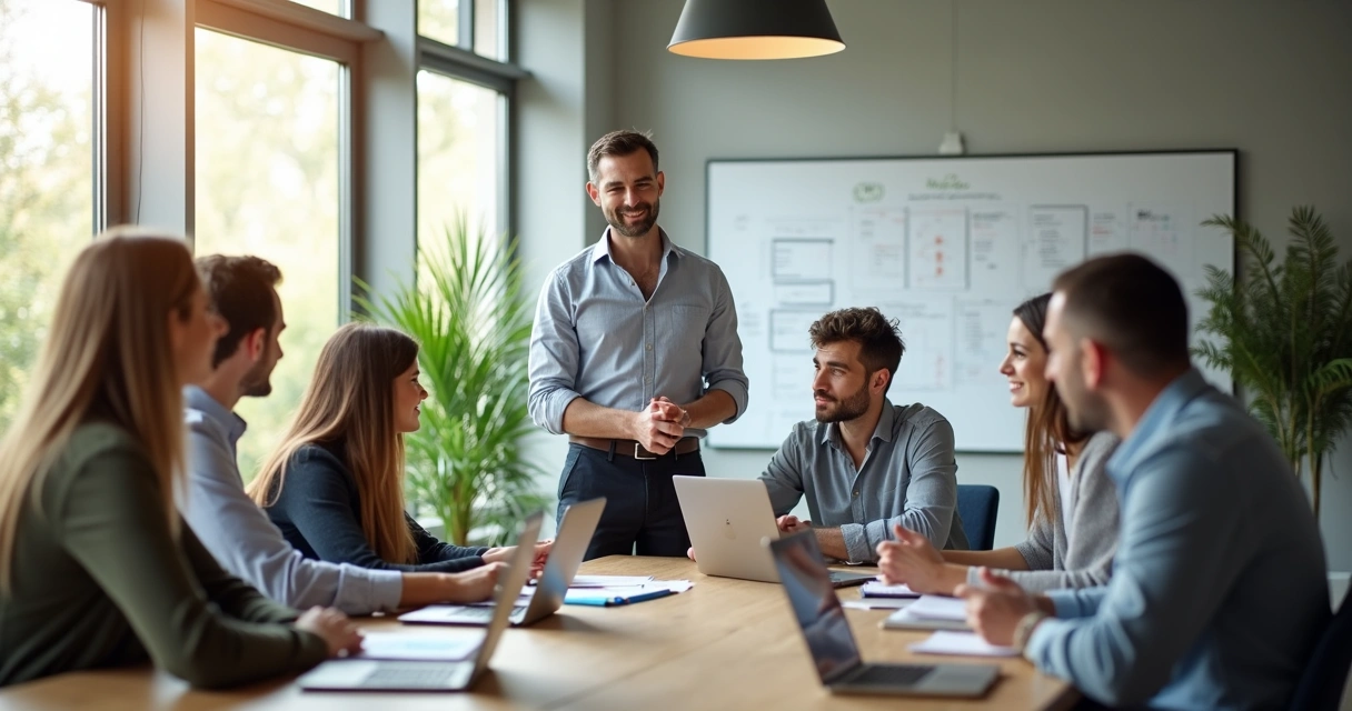 Líder em pé interage com equipe ao redor de mesa em ambiente de trabalho moderno 