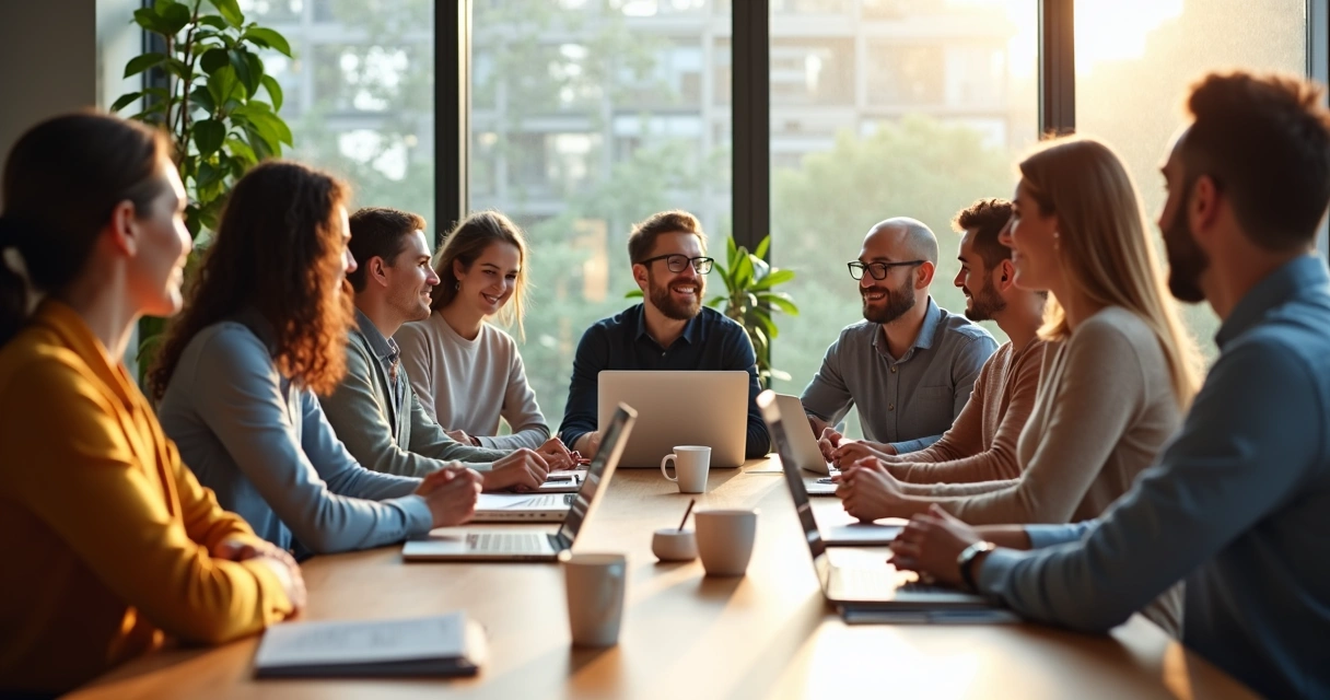 Líder conversando com equipe em sala de reunião, clima de confiança 