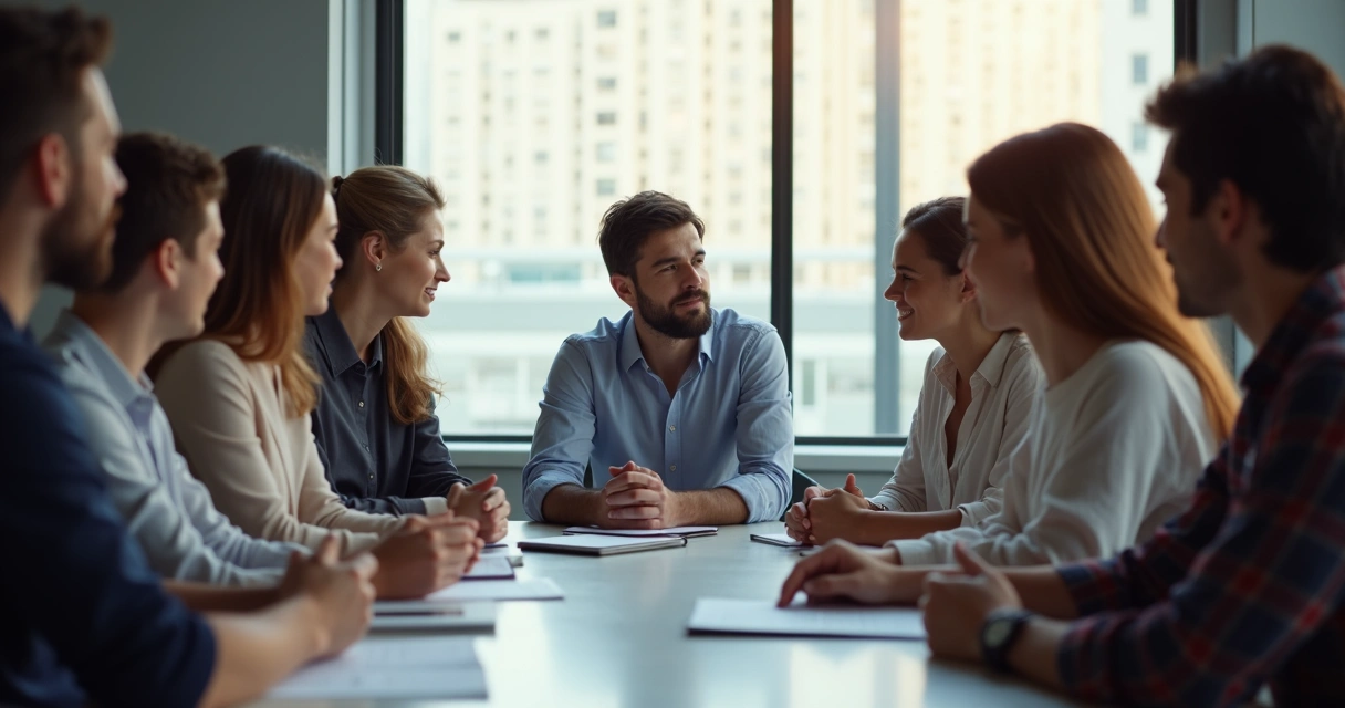 Líder reunido com equipe em sala de reunião, expressando harmonia e colaboração 