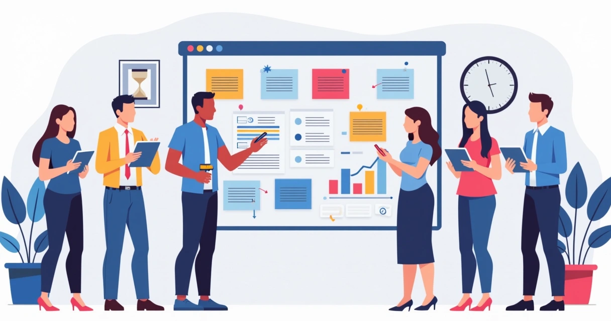 Líder orientando equipe com quadro de tarefas e limites de tempo 