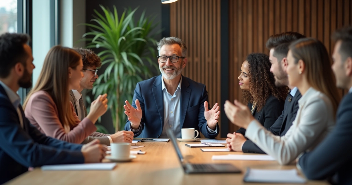 Grupo de pessoas reunidas ao redor de uma mesa em ambiente de trabalho colaborativo