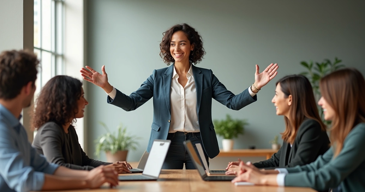 Equipe reunida, líder com postura aberta, membros com expressões positivas
