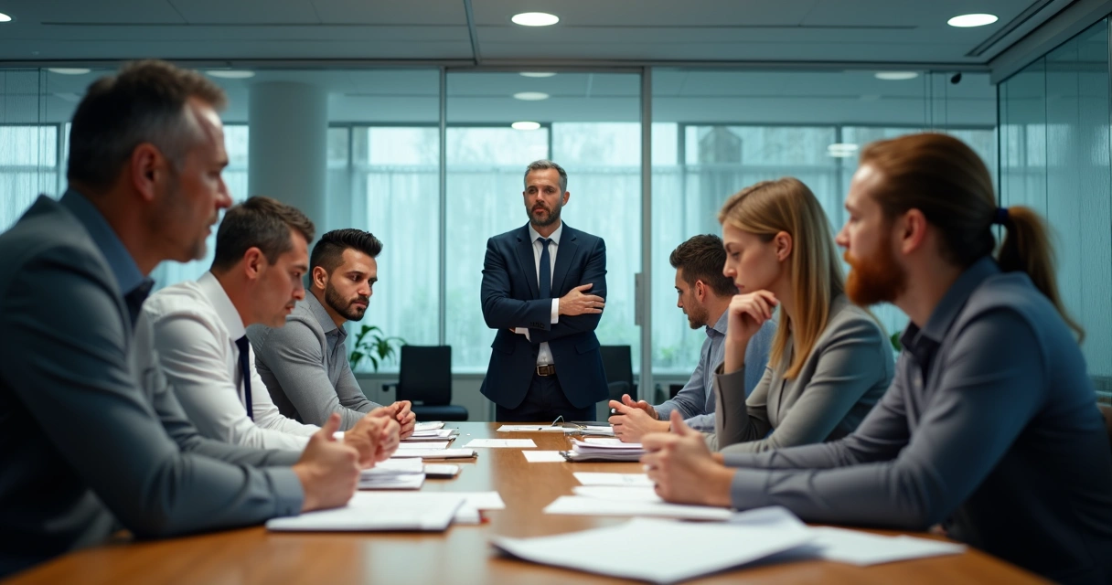 Equipe reunida ao redor de mesa com rostos tensos e líder isolado 