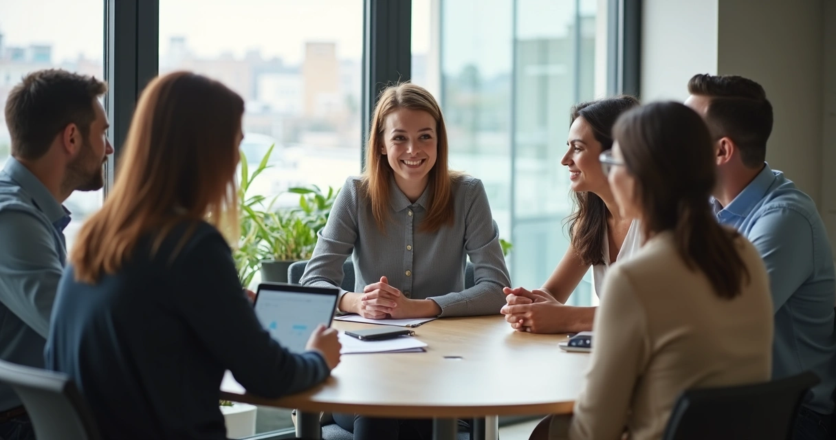 Líder dialogando com equipe em mesa redonda