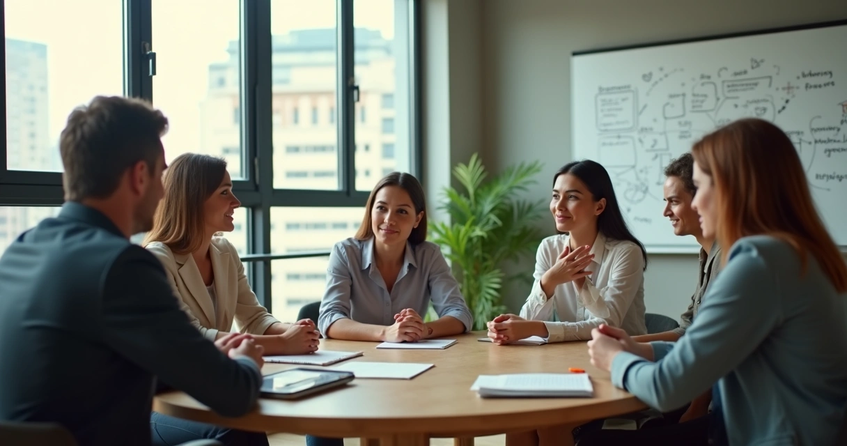 Líder em reunião com equipe diversa em círculo, focados e conectados 