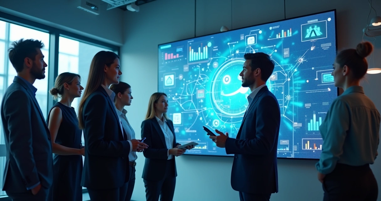 Líder orientando equipe em um ambiente digital