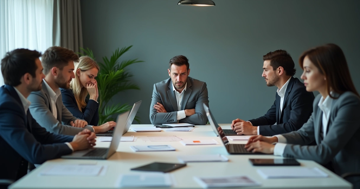 Grupo de profissionais em reunião, liderança central de expressão fechada 